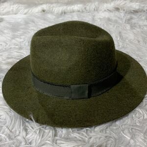 JEANNE Simmons RN 125043 Wool Felt Flat Brim Fedora frayed trim draw elastic 22”